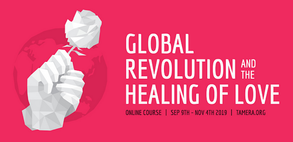 Illustration einer weissen Hand mit weisser Rose auf rotem Hintergrund mit Schriftzug Global Revolution and Healing of Love