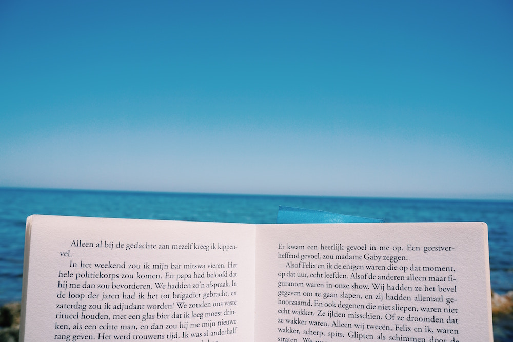 oberer Bildteil zeigt blauen Himmel und einen Streifen Meer; unterer bildteil zeigt den oberen Rand eines Buches mit ein paar Zeilen Schrift in Holländisch