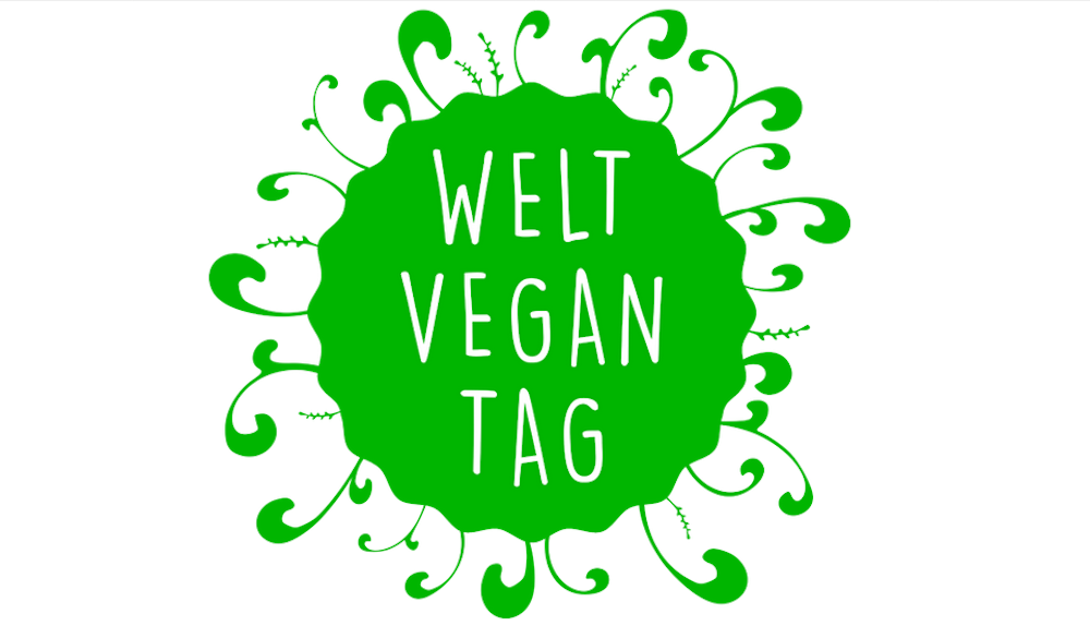 Grafik mit grünem Kreis auf weissem Hintergrund und grünen Sprenkeln darum herum, in der Mitte die Wörter Welt Vegan Tag
