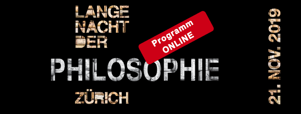 Goldene und silberne Schrift auf schwarzem Hintergrund, die heisst: Lange nach der Philosophie Zürich, 21. November, Programm online