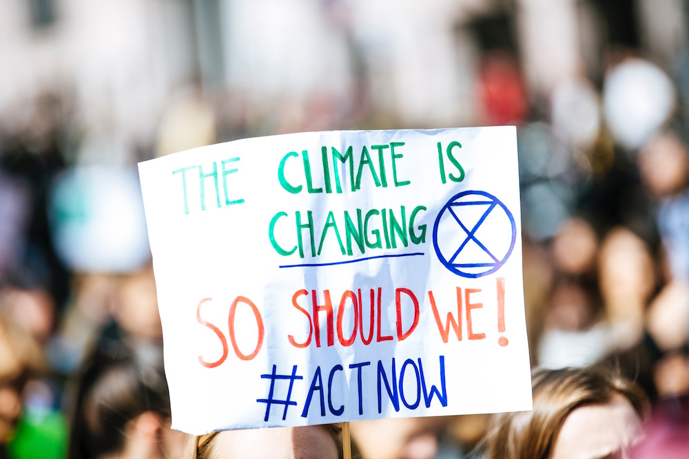 Protest-Plakat mit der Aufschrift "The Climate is changing, so should we, act now", geschrieben in grün, rot und blau auf weissem Grund, dahinter unscharf eine Menschenmenge