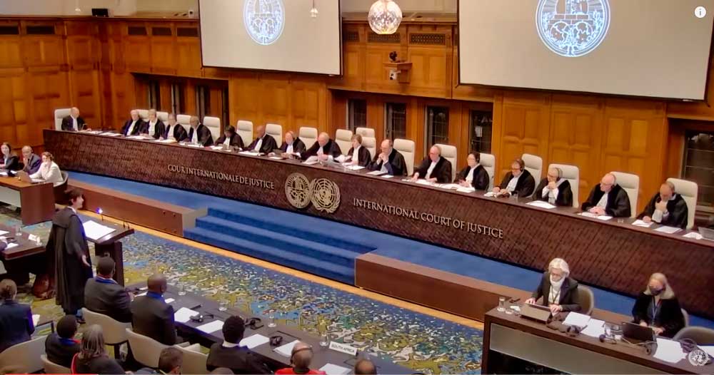 Der Internationale Gerichtshof in Den Haag anlässllich der Verhandlung (Screenshot UN-Video)