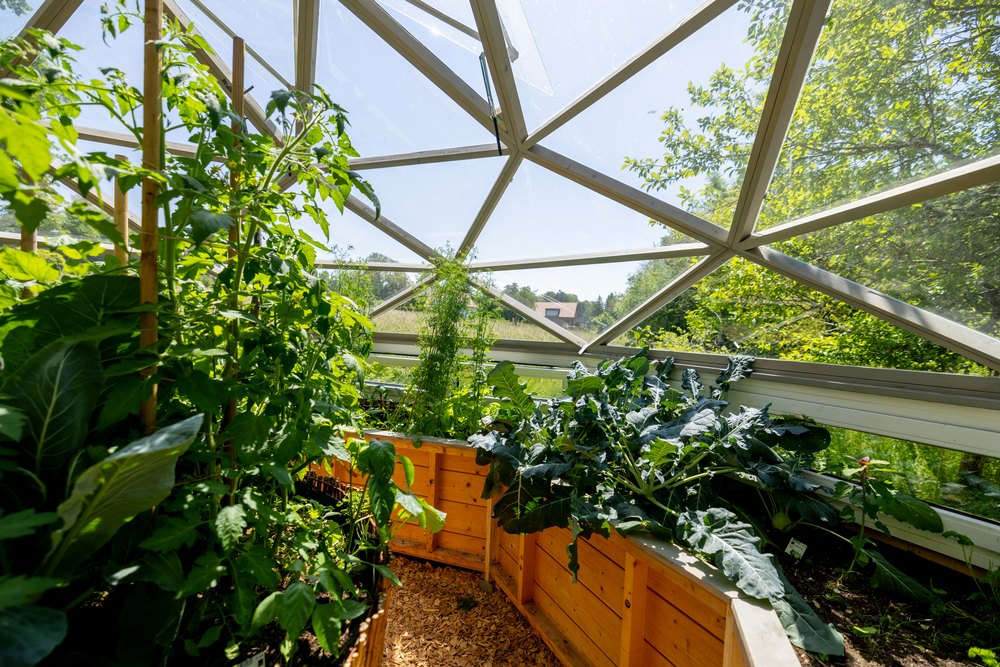 Gewächshaus mit Erdbeerturm