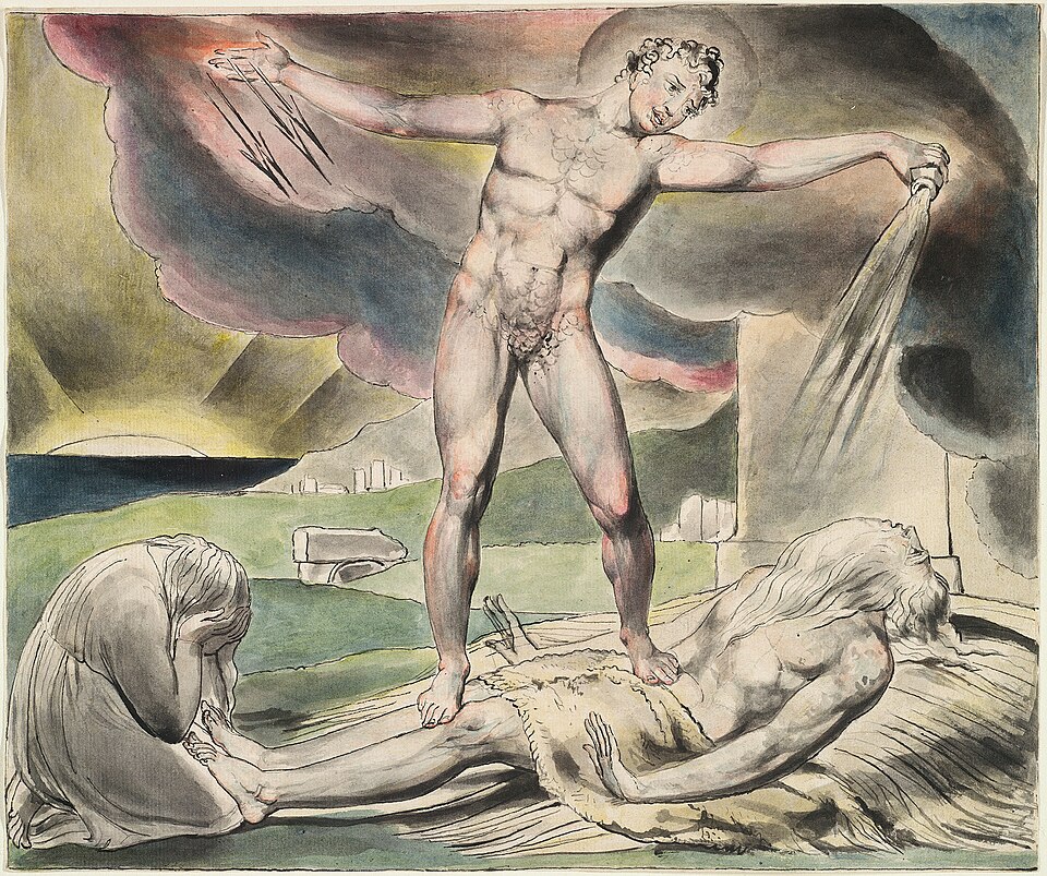 Satan schüttet die Plagen über Hiob aus (Aquarell von William Blake, 1821)