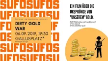 Grafik als Werbeplakat für den Film Dirty Gold War, mit der Illustration eines Menschen, der ein Gewehr trägt und neben Goldmünzen steht