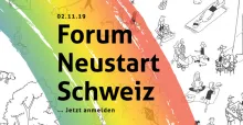 Hier steht gross FORUM NEUSTART SCHWEIZ mit einem Regenbogen als Hintergrund, der aussieht, wie mit einem Pinsel gemalt. Daneben hat es wie von Bleistift gezeichnet kleine Menschenfiguren, die allerlei Tätigkeiten nachgehen