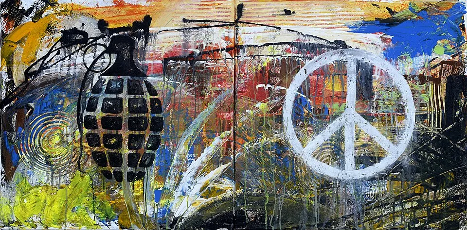 Dieses Acrylgemälde wurde auf zwei Leinwänden im Format 24 x 24 Zoll geschaffen, um Krieg und Frieden darzustellen.