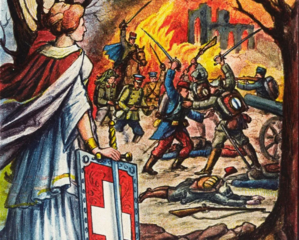 «Während in unserer Nähe die Kriegsfurie wütet» - Historische Postkarte (Bild: 14-18.ch)